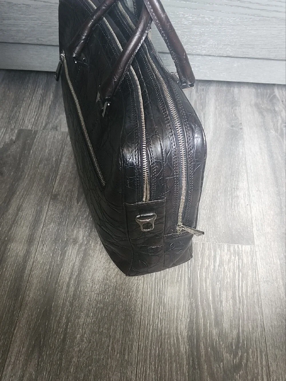 Croc-Embossed Leather Briefcase - Chocolate Brown